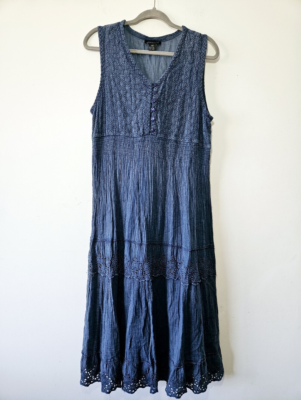 Vintage Fiori Boho Midi Dress Size 2X Blue Cotton Tiered Eyelet Detail